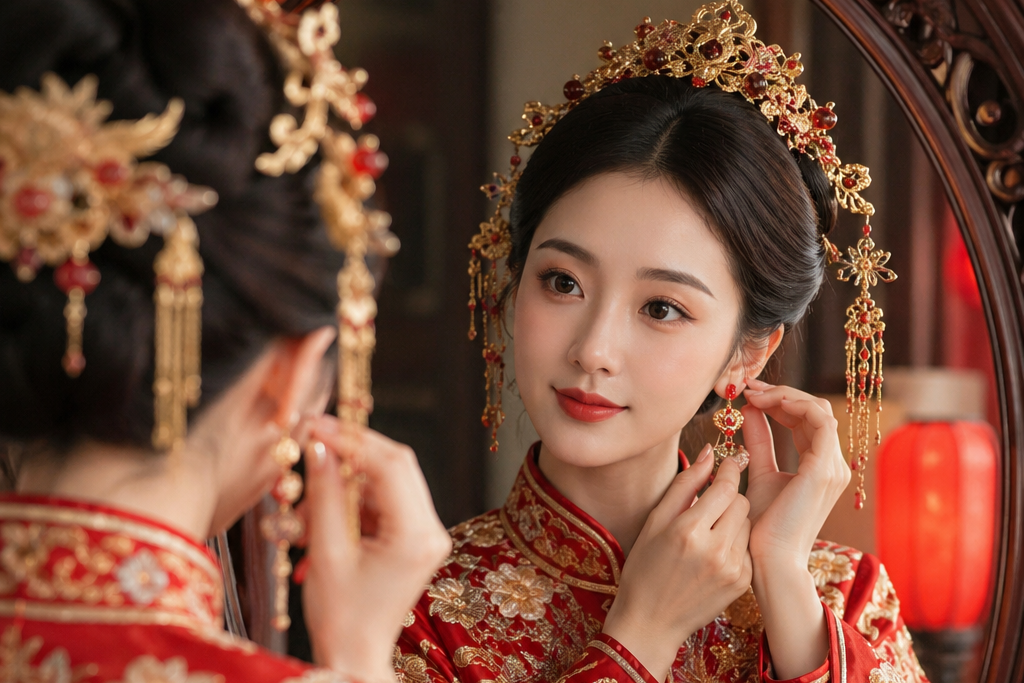Noiva chinesa vestindo um Qipao vermelho, detalhando como é o casamento chinês para a noiva tradicional.