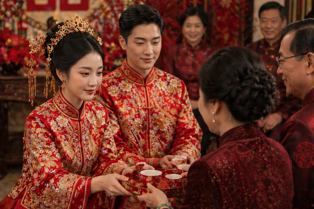 Cerimônia do chá entre família e noivos, mostrando uma etapa de como é o casamento chinês para a noiva.