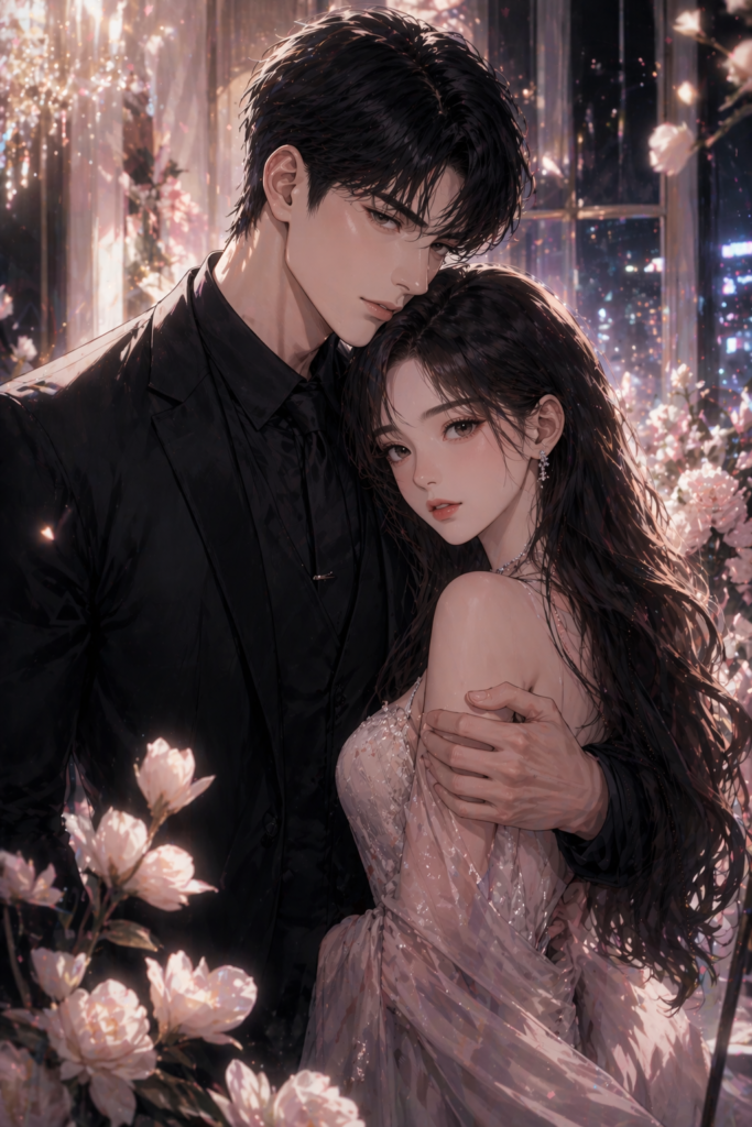 Casal elegante em cenário romântico representando a novel Casamento em Segredo, com atmosfera sofisticada e romântica inspirada em romance chinês contemporâneo