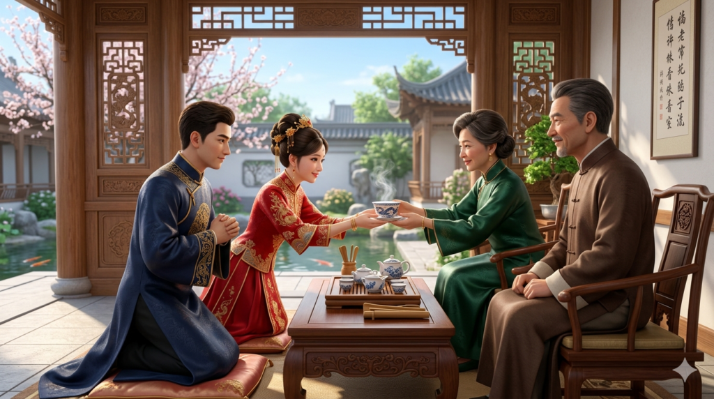 Ilustração em estilo Donghua realista de uma cerimônia de chá de casamento chinês tradicional em um pavilhão externo iluminado. À esquerda, um noivo em traje azul escuro ajoelhado em reverência e uma noiva em um Qipao vermelho ricamente bordado oferecendo uma xícara de chá fumegante com as duas mãos. À direita, um casal de idosos (sogros) sentados em cadeiras de madeira clássicas aceita o chá com sorrisos serenos. Ao fundo, um jardim com cerejeiras em flor, um lago de carpas e arquitetura clássica chinesa. A iluminação é suave e natural, destacando os detalhes das vestimentas e da porcelana.