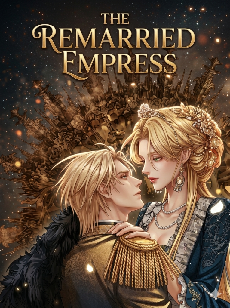 Ilustração em estilo webtoon da capa de "The Remarried Empress" (A Imperatriz Recasada), mostrando os dois protagonistas loiros se olhando em um ambiente dourado e brilhante