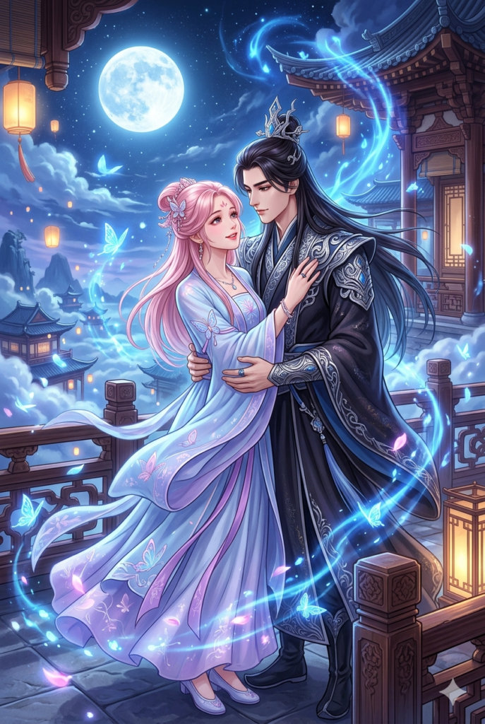Duas figuras de estilo anime, uma mulher de cabelo rosa e vestido azul e um homem de cabelo preto e vestes pretas, abraçadas numa varanda sob um luar brilhante e cercadas por luzes mágicas azuis.