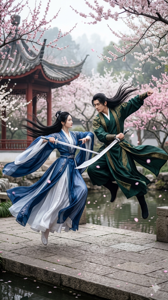 Cena de ação Wuxia: um homem e uma mulher muito belos, com longos cabelos pretos ao vento, lutando com espadas em pleno ar (levitando). Eles vestem trajes tradicionais chineses (Hanfu) fluidos nas cores verde esmeralda e azul royal. O cenário é um jardim tradicional chinês com um pavilhão clássico e várias ameixeiras em flor ao fundo, sob um céu enevoado