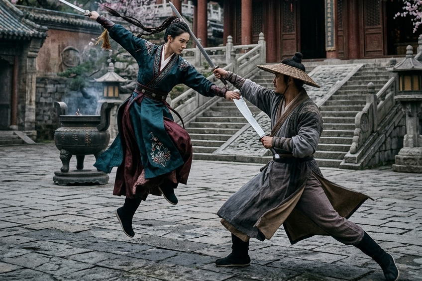 Cena de luta épica entre dois guerreiros com roupas tradicionais chinesas em frente a um templo antigo, representando o gênero Wuxia.