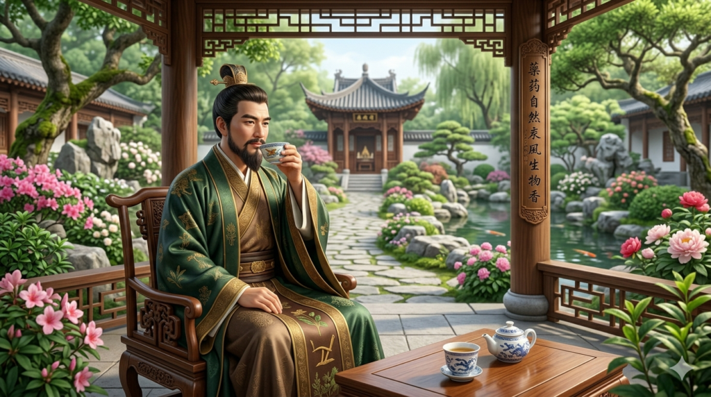 Representação artística do Imperador Chinês Shennong, o Divino Agricultor, em um momento de descanso e contemplação. Ele está sentado em um jardim ornamental, tomando chá e rodeado por plantas medicinais e flores. A imagem captura a conexão histórica entre o imperador e a descoberta do chá.