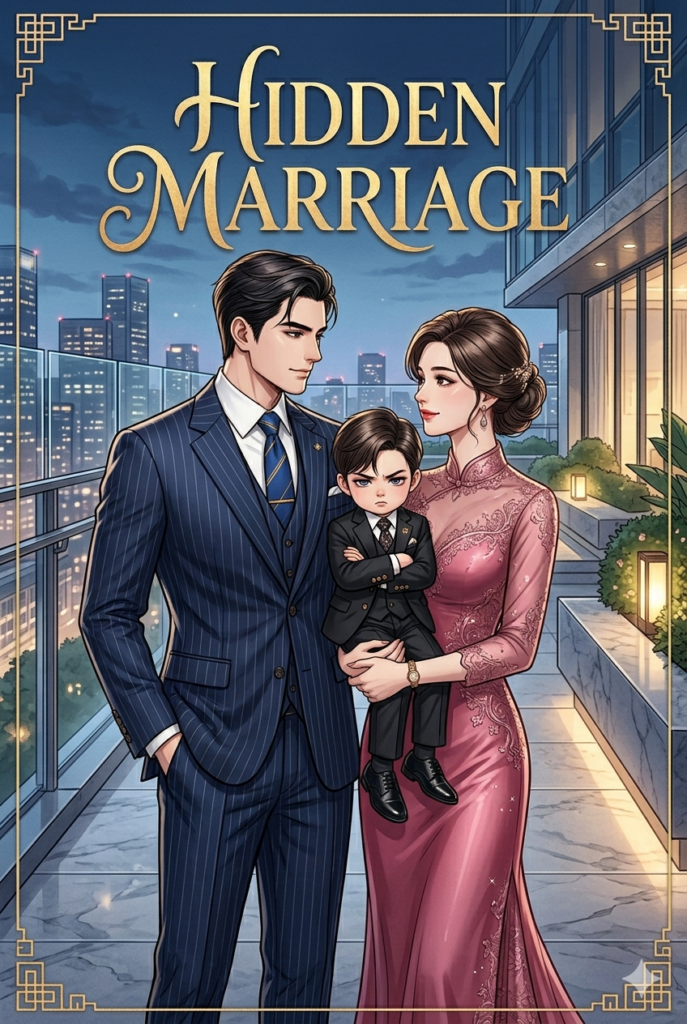 Ilustração de capa do livro 'Hidden Marriage' com título dourado. Uma família de três pessoas, vestidos de forma elegante (pai de terno, mãe de cheongsam rosa), posa em um terraço moderno com vista para uma cidade à noite. A mãe segura um menino pequeno de terno com uma expressão emburrada.