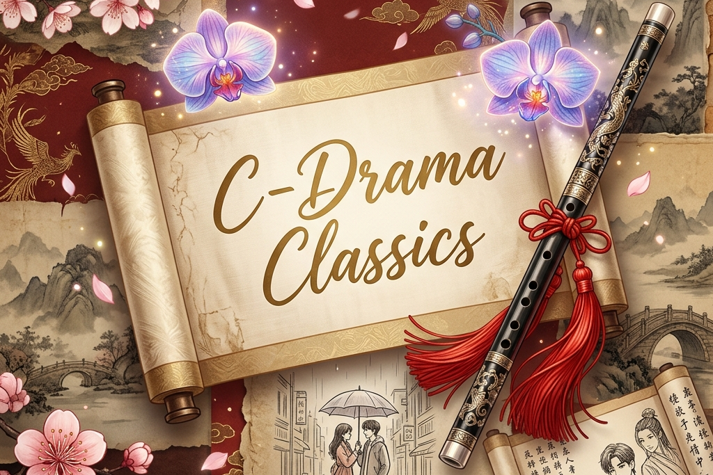 Arte conceitual de um pergaminho chinês aberto com o texto "C-dramas Classics" e ilustrações tradicionais orientais